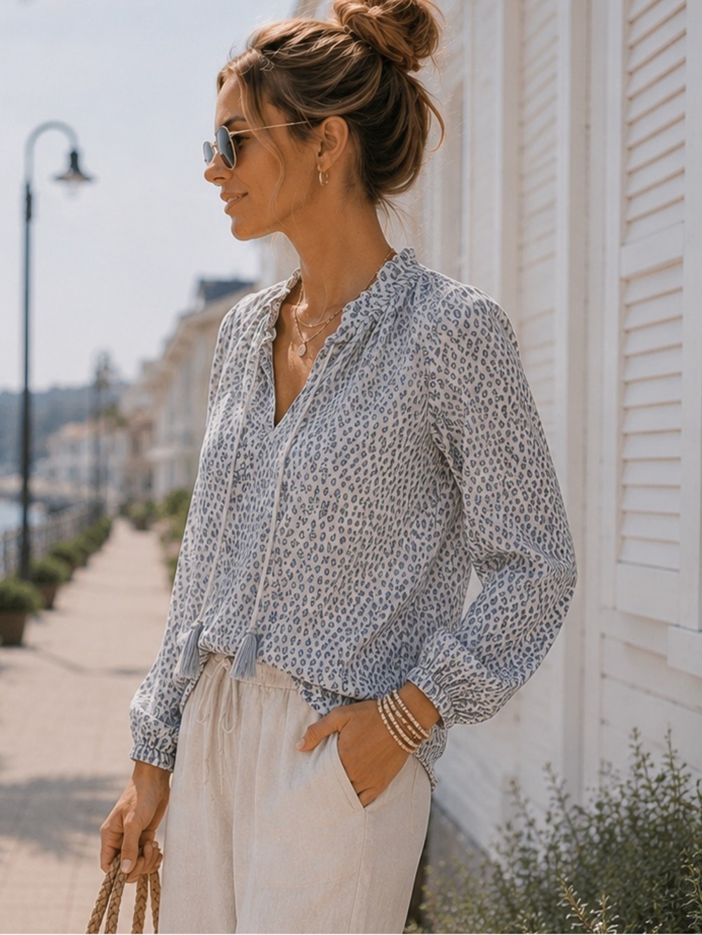 Sundays Patterned V-Neck  Blouse  Flowy Long Sleeve  Top